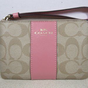 Coach Corner Zip Wristlet in Signature Canvas, Gold/Light Khaki/Bubblegum, EUC
